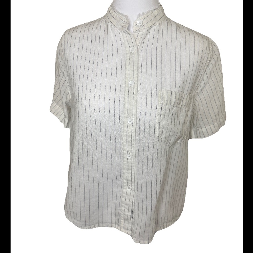 Linen Blend White Striped Short Sleeve Crop Button-Down Shirt